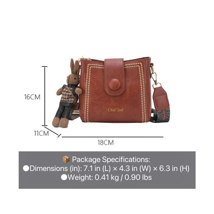 Women's Vintage Bunny Charm Bucket Bag – Convertible Shoulder/Crossbody, Spacious Travel Tote – Stylish Minimalist Leather Purse