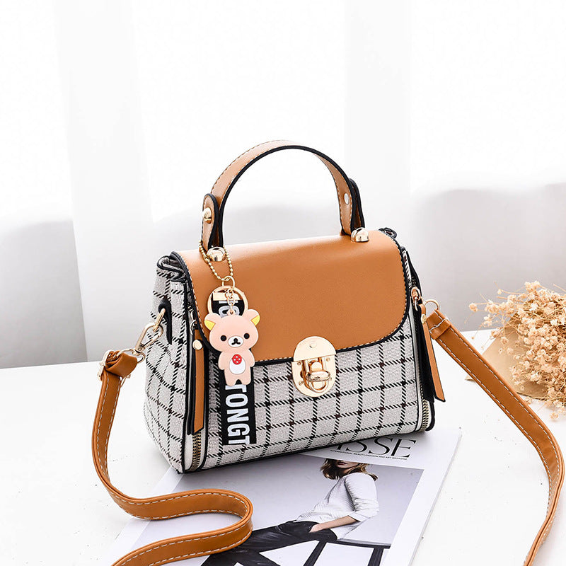 Women's Tartan-Trim Mini Crossbody - 3-Way Convertible Bag w/ Color-Block & Enamel Charms, Textured PU Small Purse