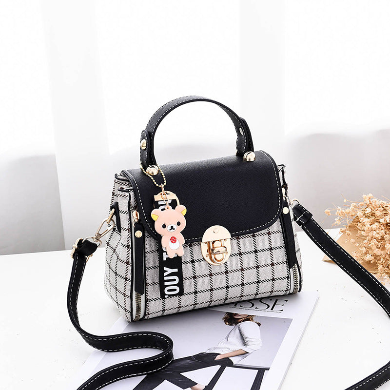 Women's Tartan-Trim Mini Crossbody - 3-Way Convertible Bag w/ Color-Block & Enamel Charms, Textured PU Small Purse