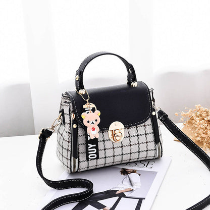 Women's Tartan-Trim Mini Crossbody - 3-Way Convertible Bag w/ Color-Block & Enamel Charms, Textured PU Small Purse